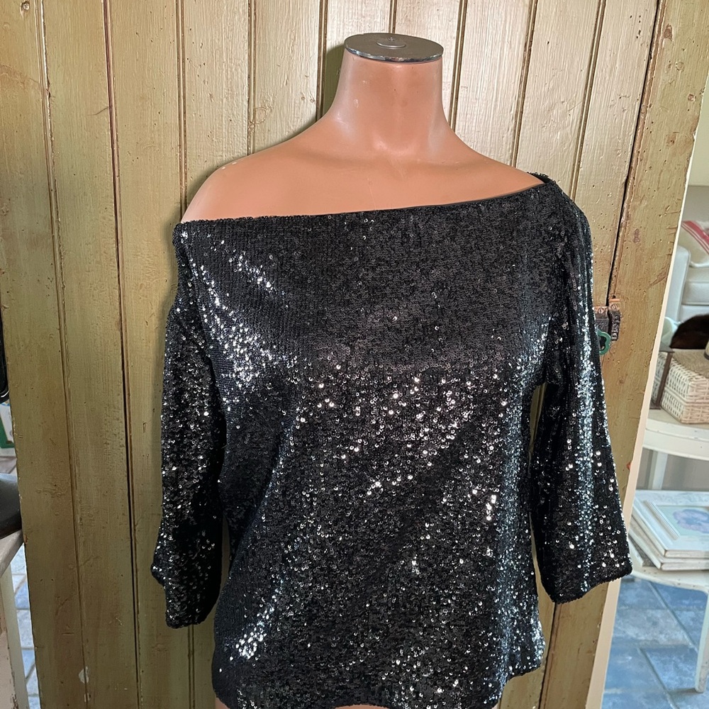 A.L.C. Black Sequin Zoey Boat Neck Fun Shimmer Sparkle Party Blouse Top Size 0 - Picture 9 of 12